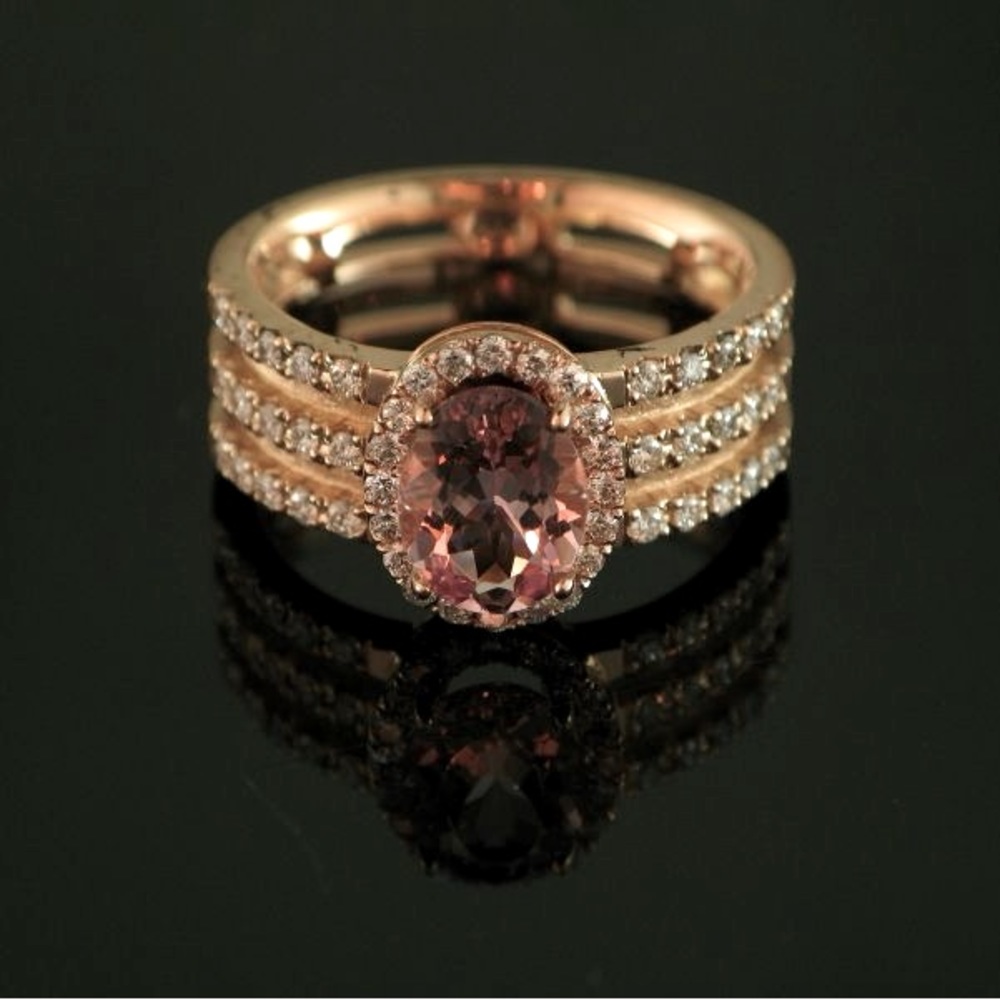 Triple band Morganite ring in 14K rose gold set with fifty 1.5mm G/VS diamonds